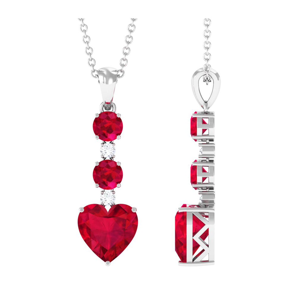 Created Ruby and Moissanite Heart Dangle Pendant Necklace Lab Created Ruby - ( AAAA ) - Quality - Rosec Jewels