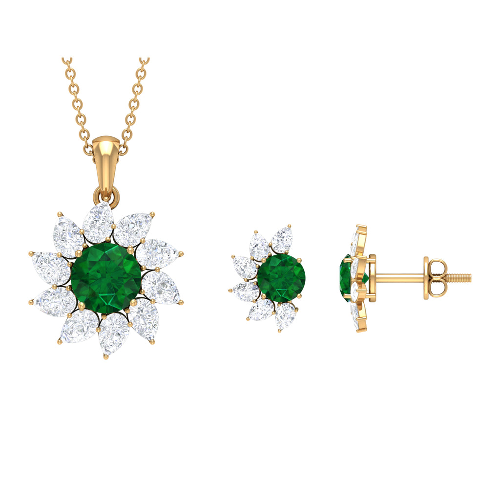 4.75 CT Emerald and Diamond Floral Pendant Earring Set Emerald - ( AAA ) - Quality - Rosec Jewels
