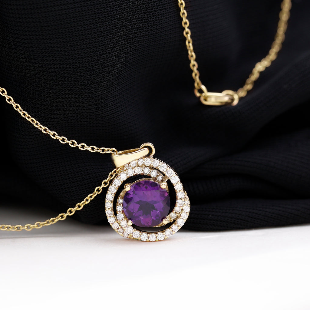 Natural Amethyst and Diamond Swirl Pendant in Gold Amethyst - ( AAA ) - Quality - Rosec Jewels