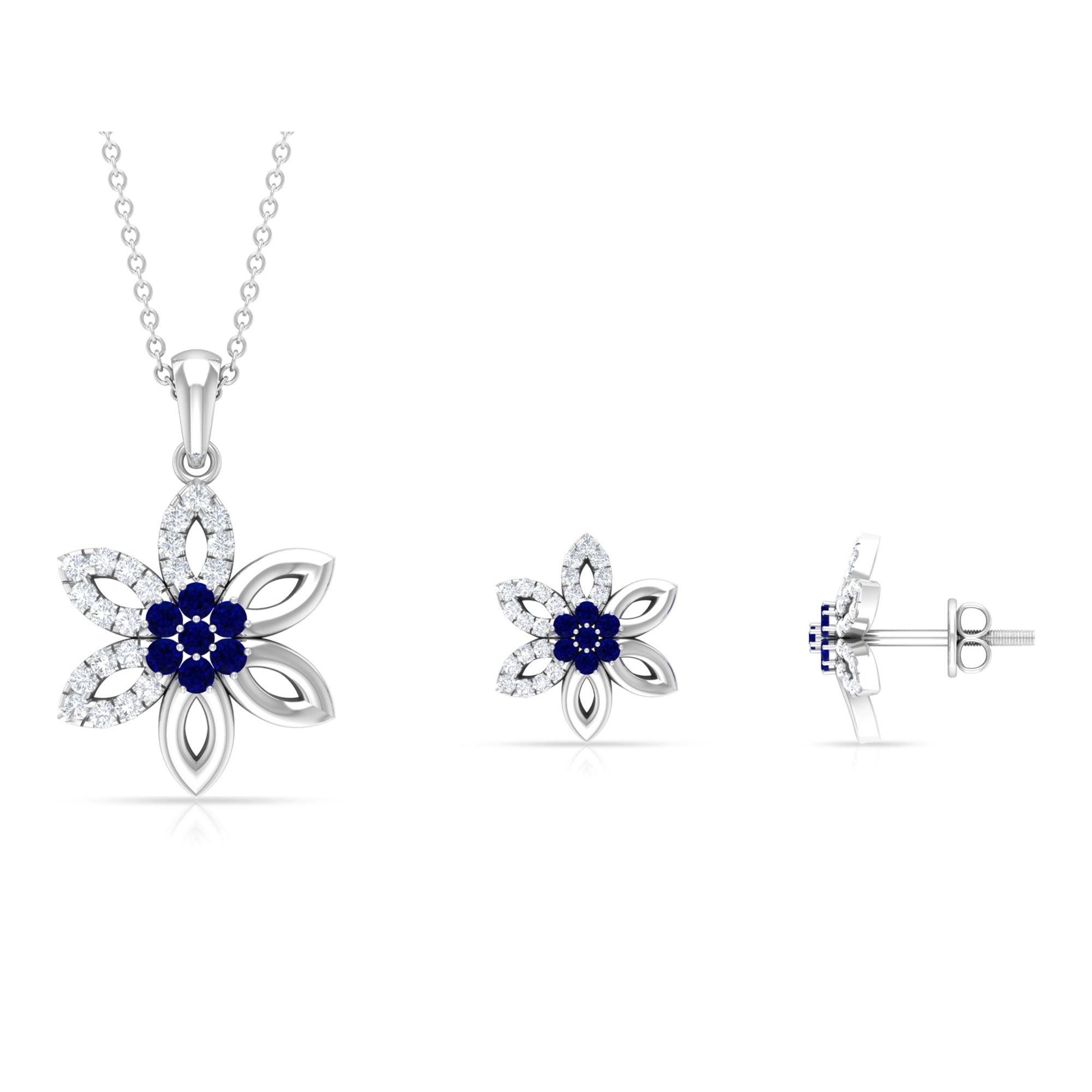 Created Blue Sapphire Flower Jewelry Set with Diamond Lab Created Blue Sapphire - ( AAAA ) - Quality - Rosec Jewels