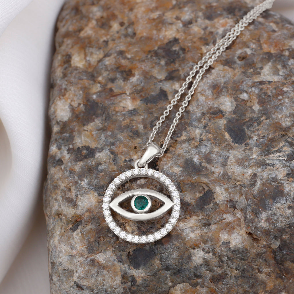 Evil Eye Pendant Necklace with Emerald and Diamond Emerald - ( AAA ) - Quality - Rosec Jewels