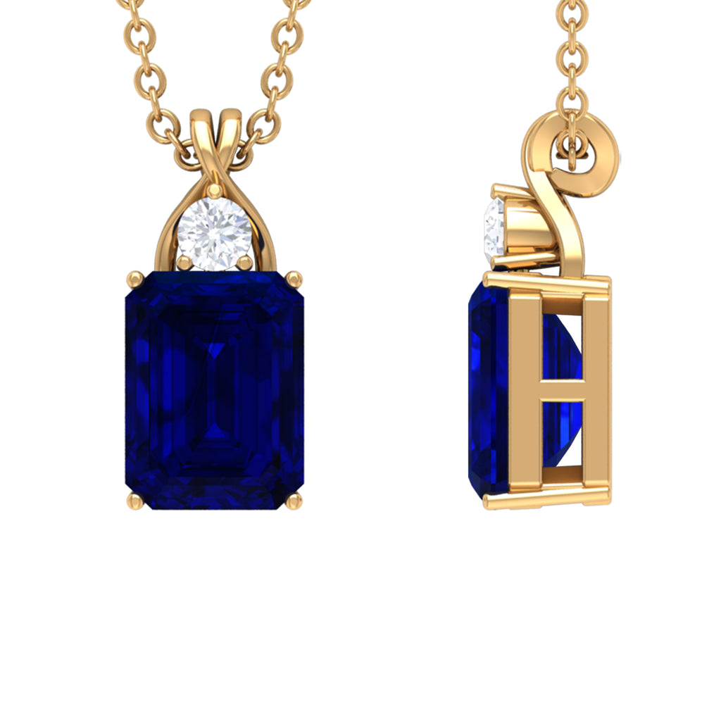 Emerald Cut Created Blue Sapphire Solitaire Pendant with Moissanite Lab Created Blue Sapphire - ( AAAA ) - Quality - Rosec Jewels