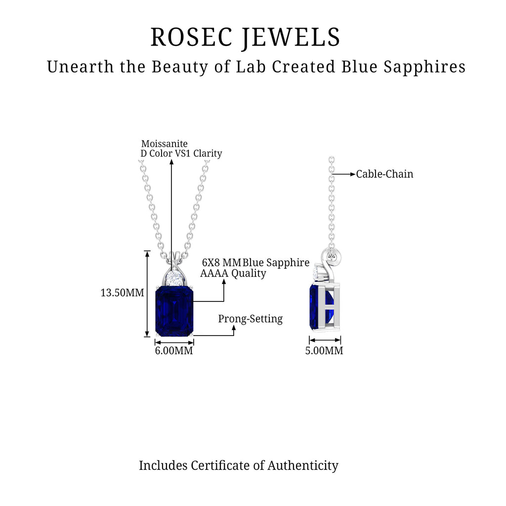 Emerald Cut Created Blue Sapphire Solitaire Pendant with Moissanite Lab Created Blue Sapphire - ( AAAA ) - Quality - Rosec Jewels