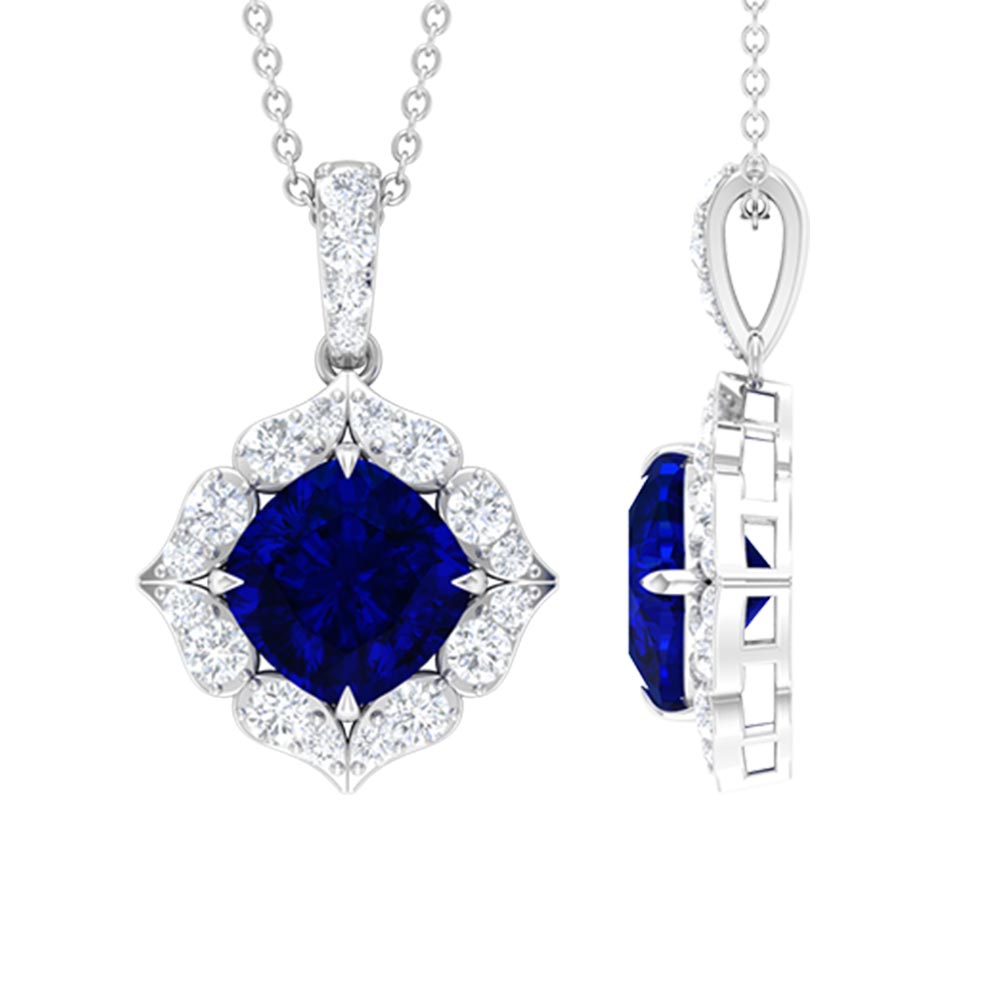 Cushion Cut Created Blue Sapphire Art Deco Pendant with Diamond Halo Lab Created Blue Sapphire - ( AAAA ) - Quality - Rosec Jewels