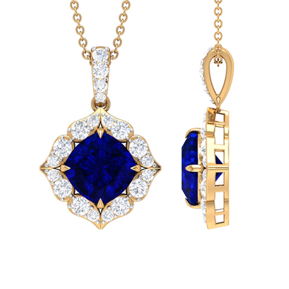Cushion Cut Created Blue Sapphire Art Deco Pendant with Diamond Halo Lab Created Blue Sapphire - ( AAAA ) - Quality - Rosec Jewels
