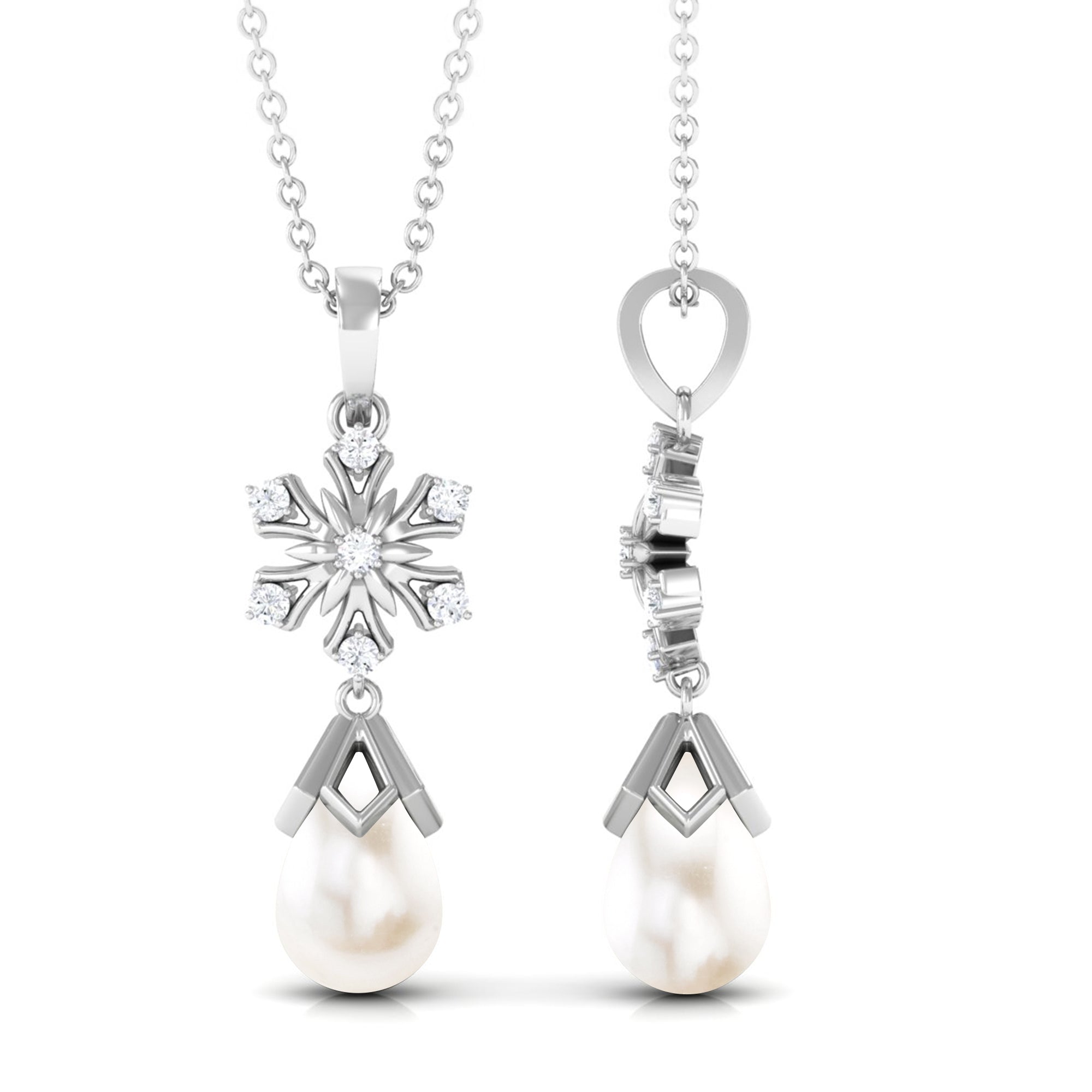 Diamond Snowflake Freshwater Pearl Dangle Drop Pendant Freshwater Pearl - ( AAA ) - Quality - Rosec Jewels