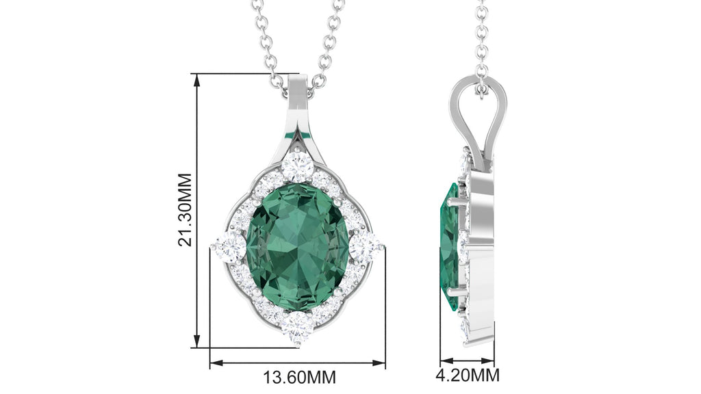 Vintage Inspired Oval Created Green Sapphire and Diamond Halo Pendant Lab Created Green Sapphire - ( AAAA ) - Quality - Rosec Jewels
