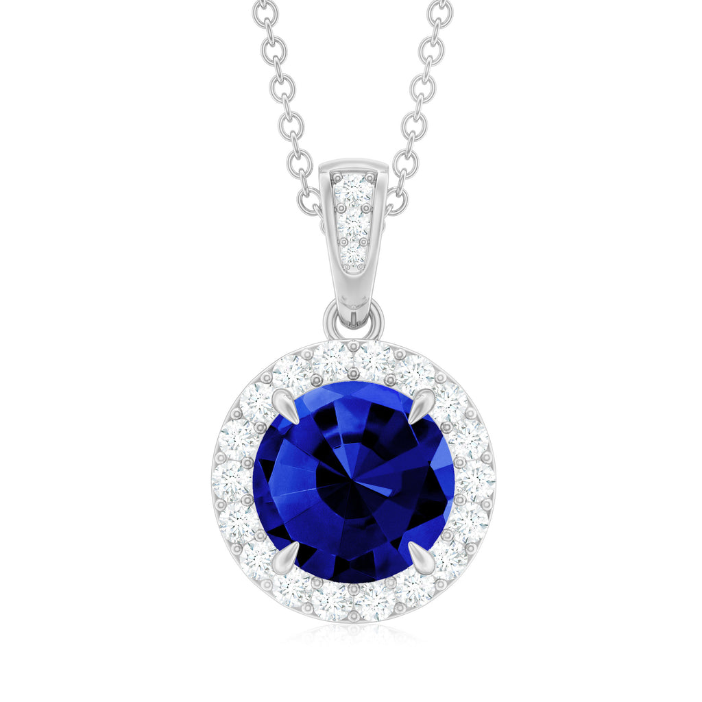 Claw Set Created Blue Sapphire Halo Pendant with Diamond Lab Created Blue Sapphire - ( AAAA ) - Quality - Rosec Jewels