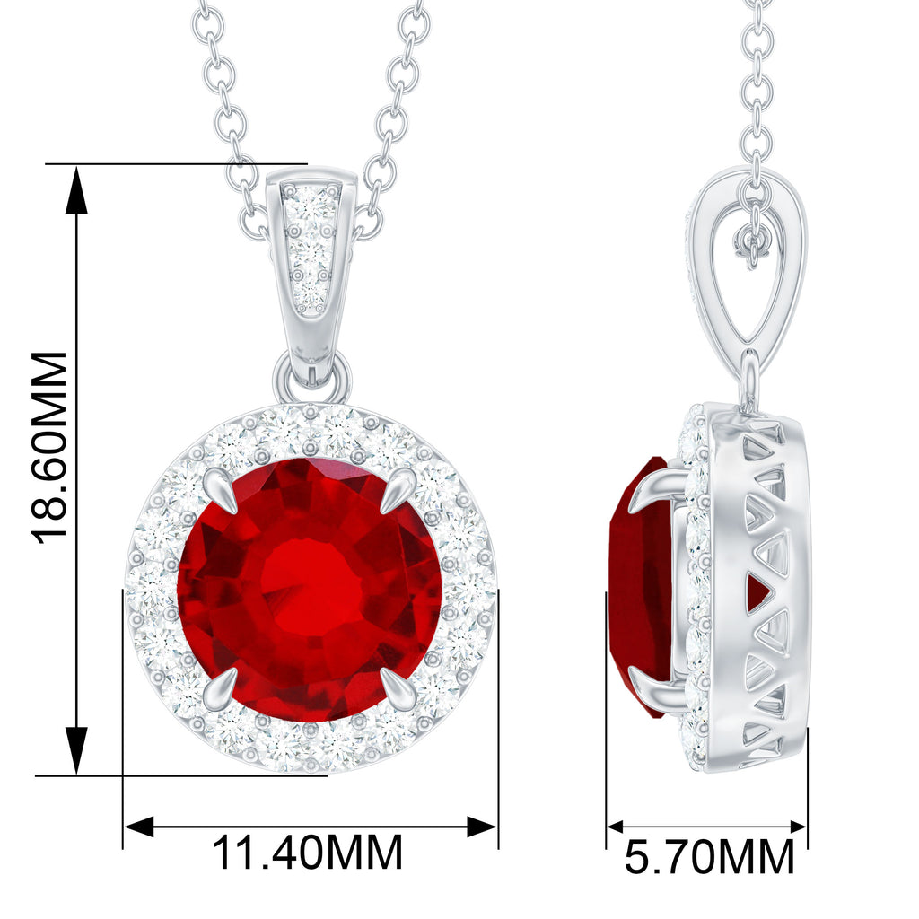 Round Created Ruby and Diamond Classic Halo Pendant Lab Created Ruby - ( AAAA ) - Quality - Rosec Jewels