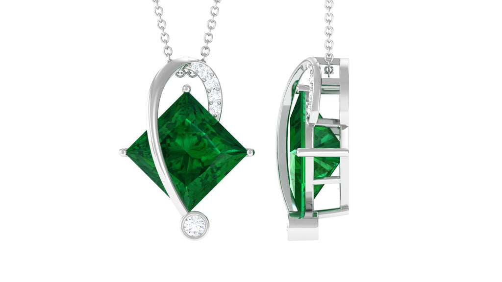 Certified Created Emerald Princess Cut Solitaire Diagonal Pendant with Diamond Lab Created Emerald - ( AAAA ) - Quality - Rosec Jewels