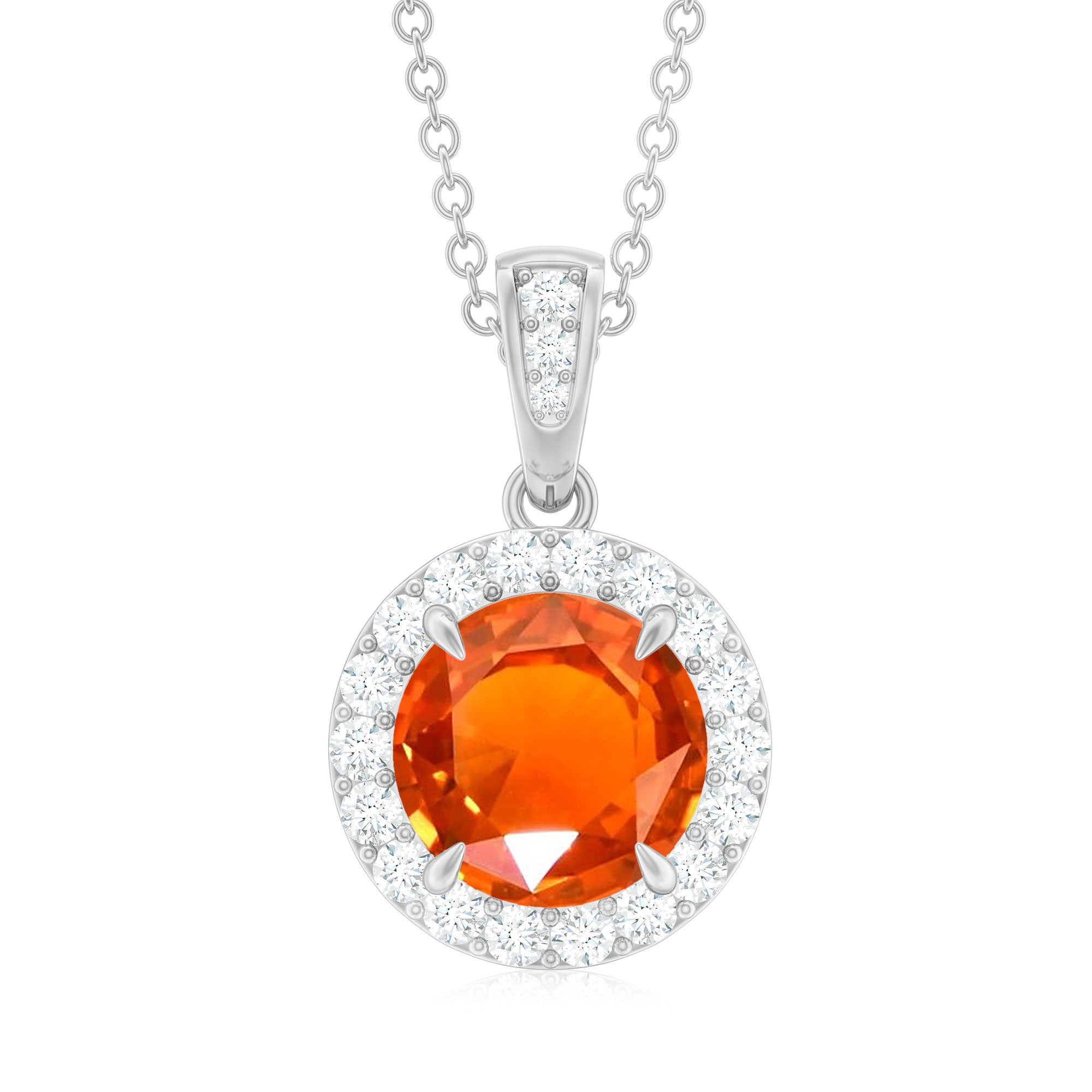 Created Orange Sapphire Pendant Necklace with Diamond Halo Lab Created Orange Sapphire - ( AAAA ) - Quality - Rosec Jewels