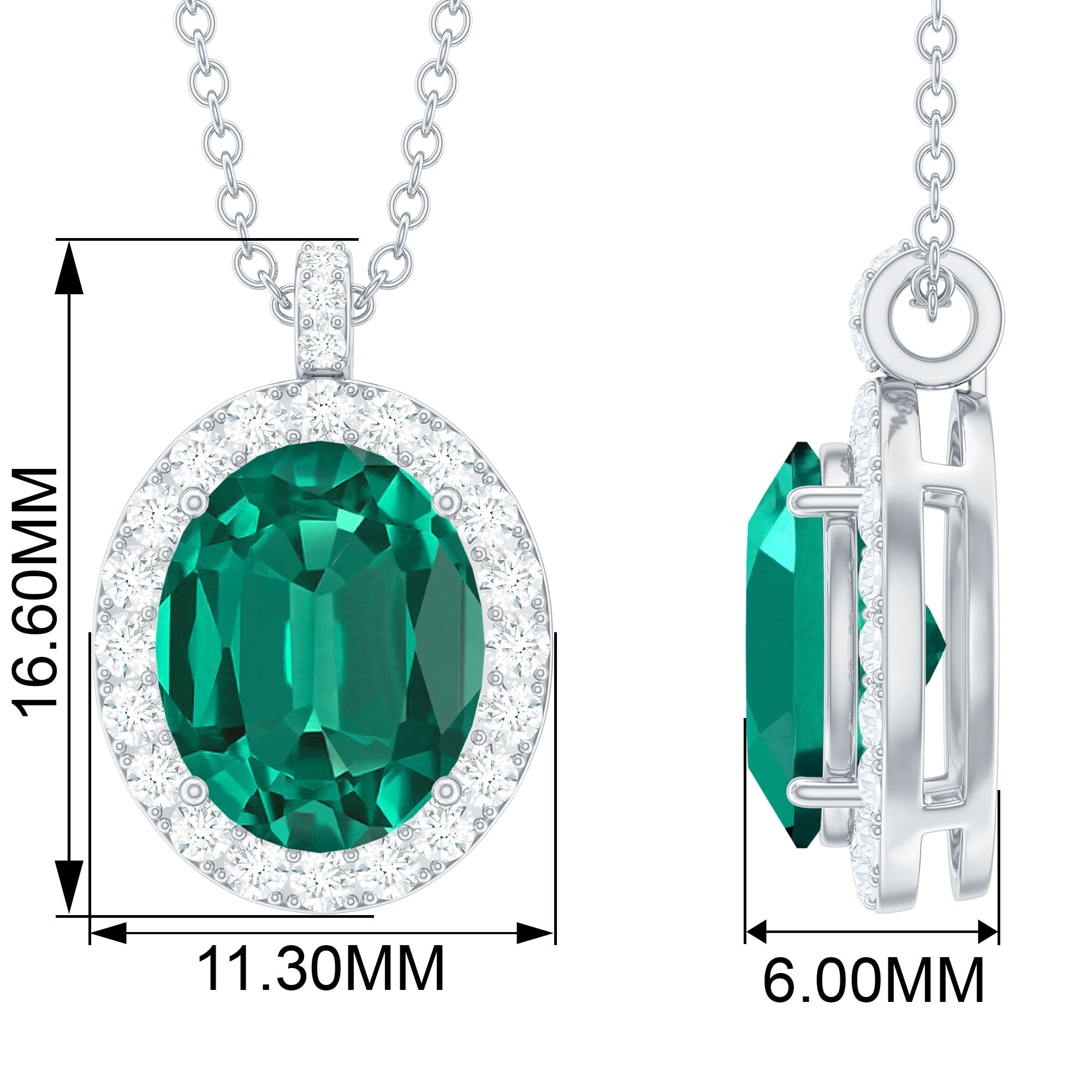 Oval Created Emerald Halo Pendant with Diamond Accent Bail Lab Created Emerald - ( AAAA ) - Quality - Rosec Jewels
