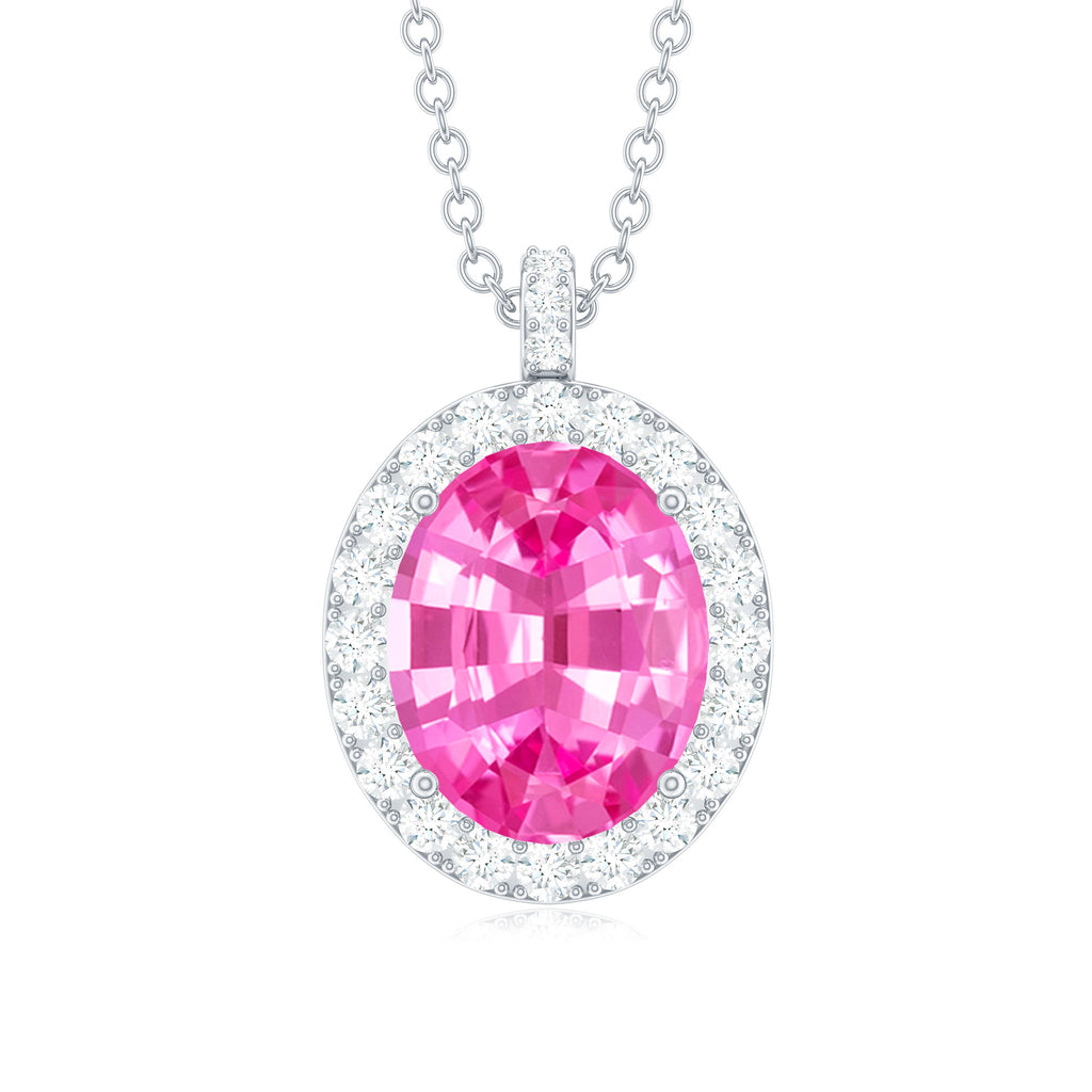Oval Created Pink Sapphire Halo Pendant with Diamond Lab Created Pink Sapphire - ( AAAA ) - Quality - Rosec Jewels