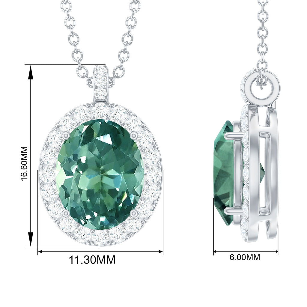 Oval Created Green Sapphire and Diamond Halo Pendant Lab Created Green Sapphire - ( AAAA ) - Quality - Rosec Jewels
