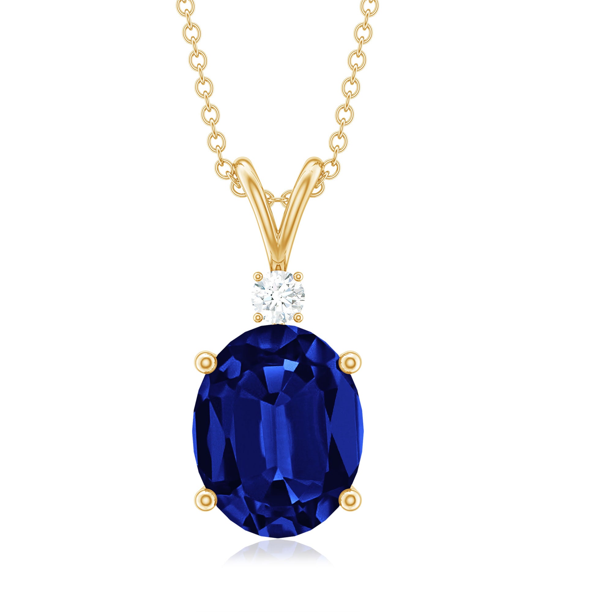 Oval Created Blue Sapphire Solitaire Pendant with Dainty Moissanite Lab Created Blue Sapphire - ( AAAA ) - Quality - Rosec Jewels