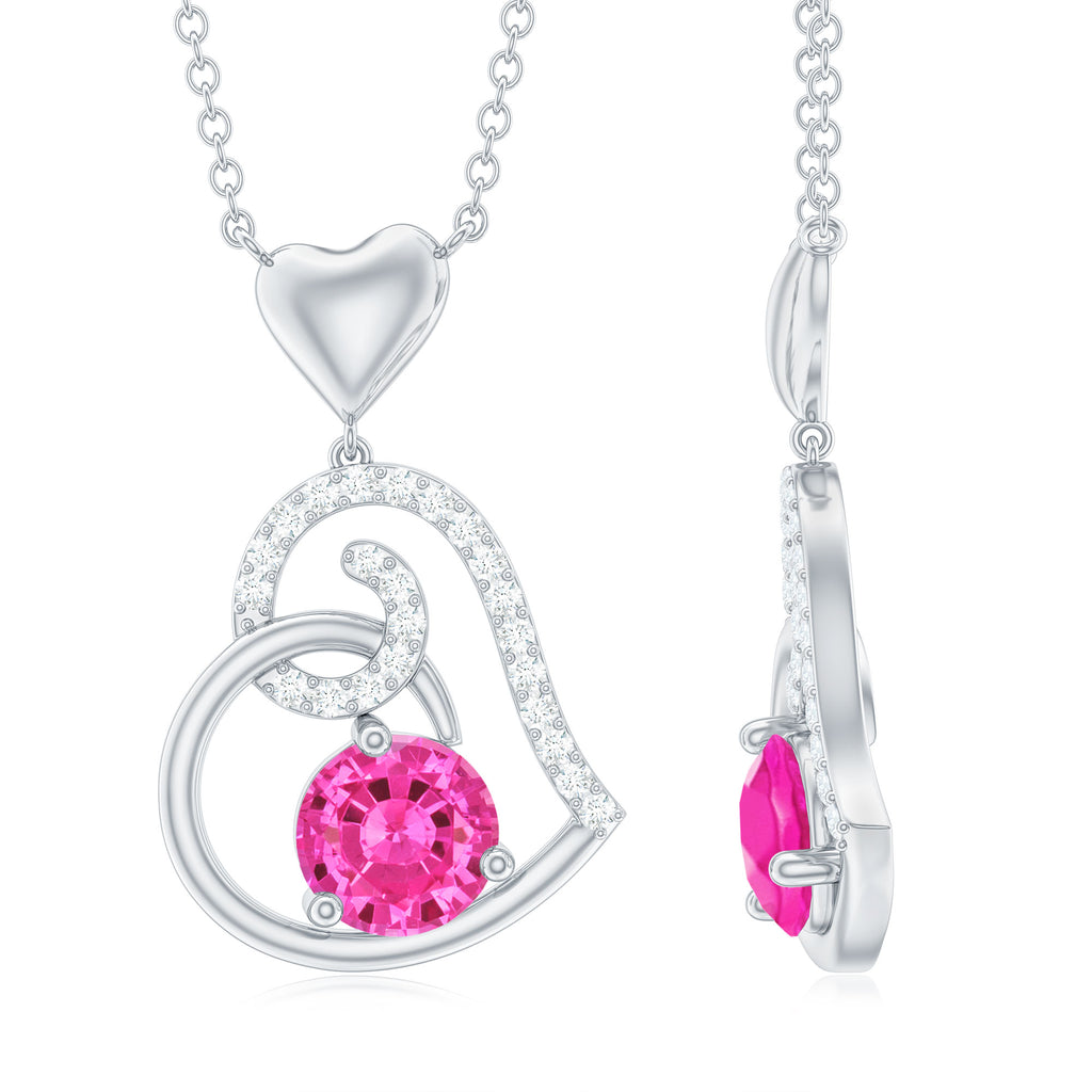 Oval Created Pink Sapphire Solitaire Pendant with Dainty Moissanite Lab Created Pink Sapphire - ( AAAA ) - Quality - Rosec Jewels