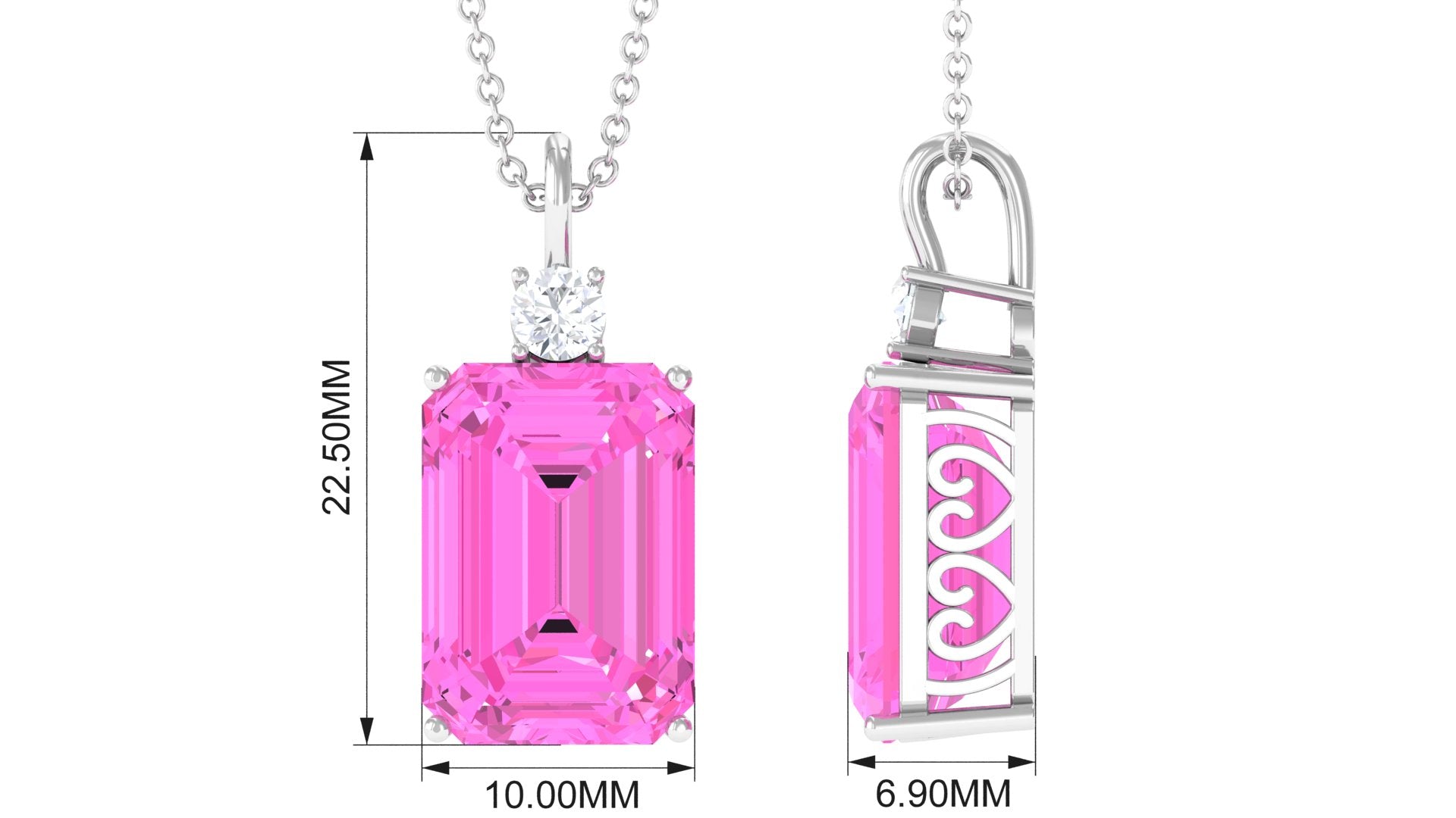 Emerald Cut Solitaire Created Pink Sapphire Pendant with Moissanite Lab Created Pink Sapphire - ( AAAA ) - Quality - Rosec Jewels