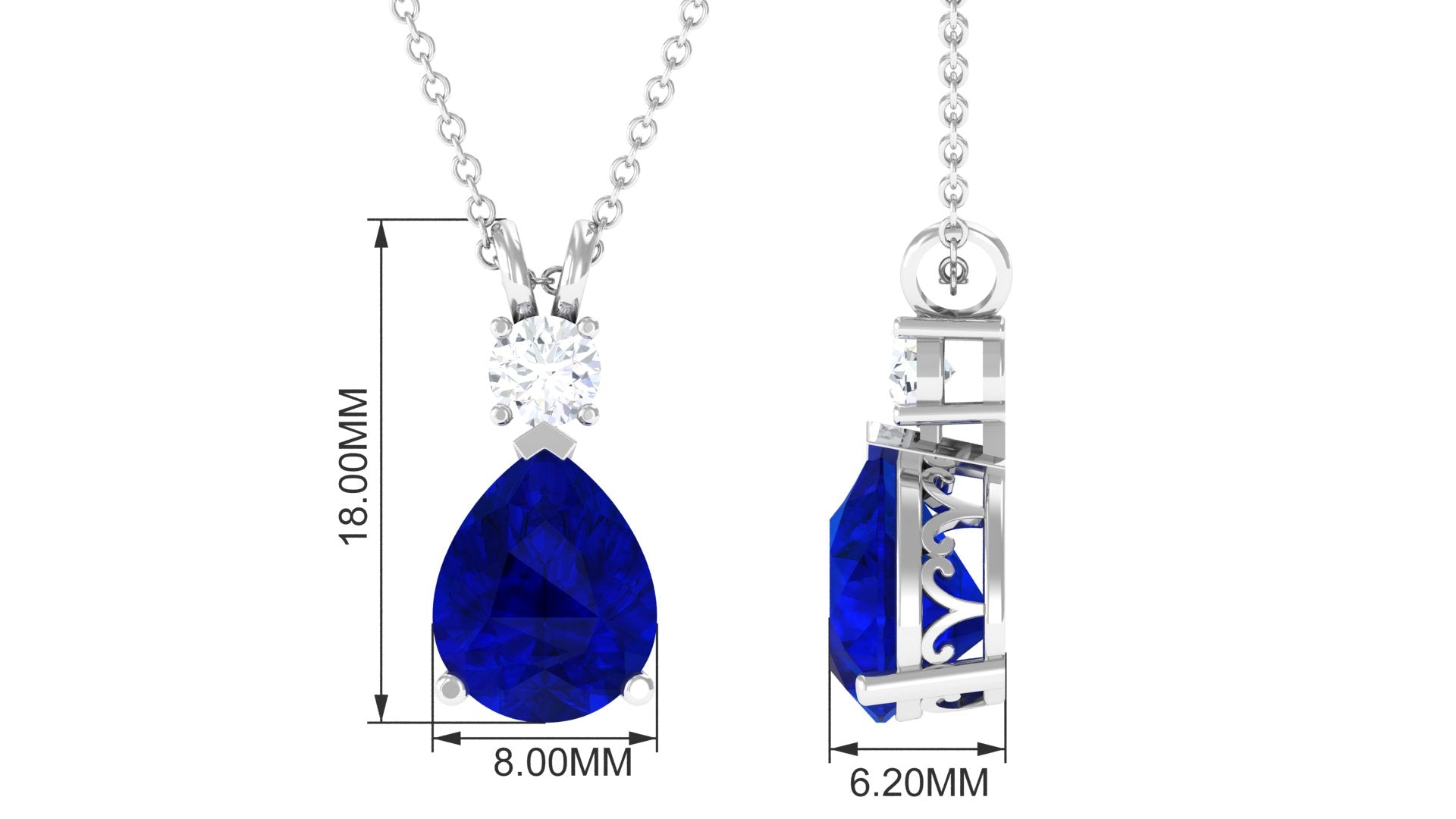 Pear Cut Created Blue Sapphire Drop Pendant with Moissanite Lab Created Blue Sapphire - ( AAAA ) - Quality - Rosec Jewels