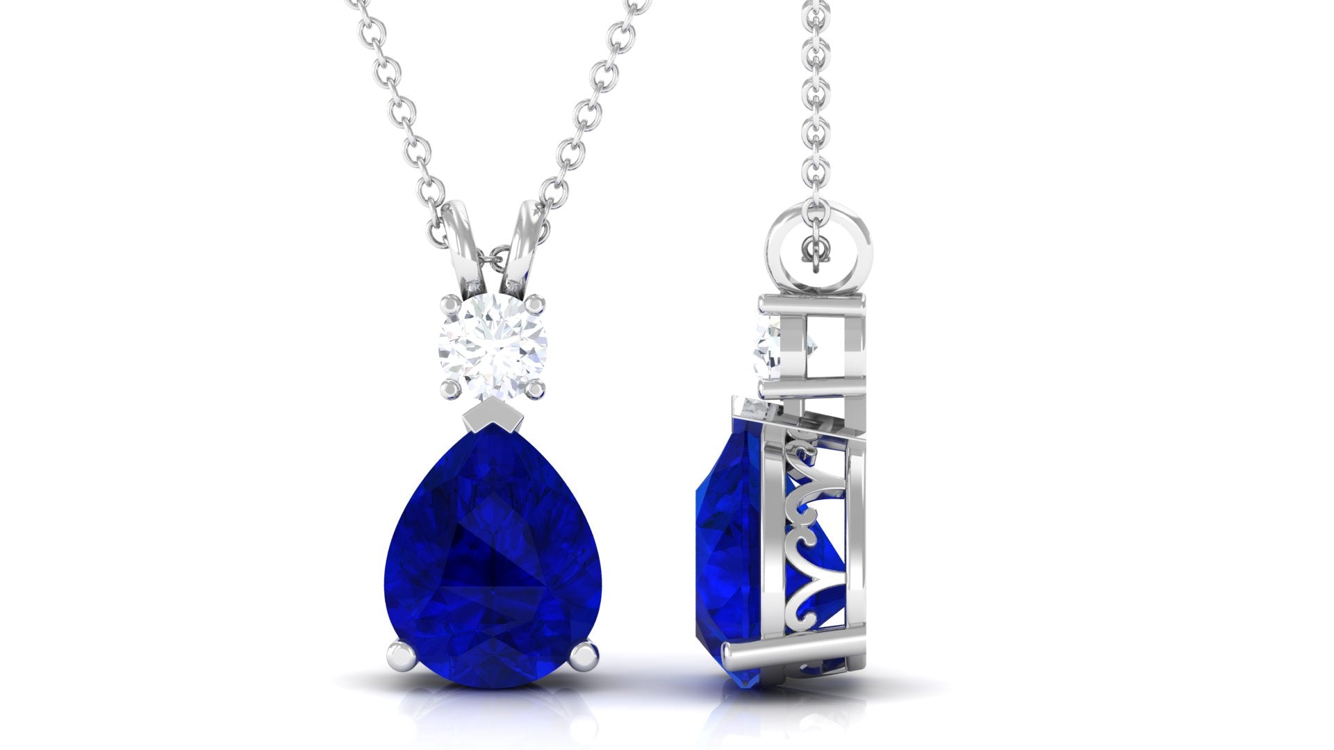 Pear Cut Created Blue Sapphire Drop Pendant with Moissanite Lab Created Blue Sapphire - ( AAAA ) - Quality - Rosec Jewels