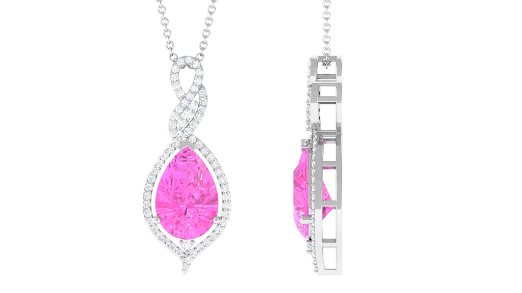 Pear Cut Created Pink Sapphire and Diamond Teardrop Pendant Lab Created Pink Sapphire - ( AAAA ) - Quality - Rosec Jewels