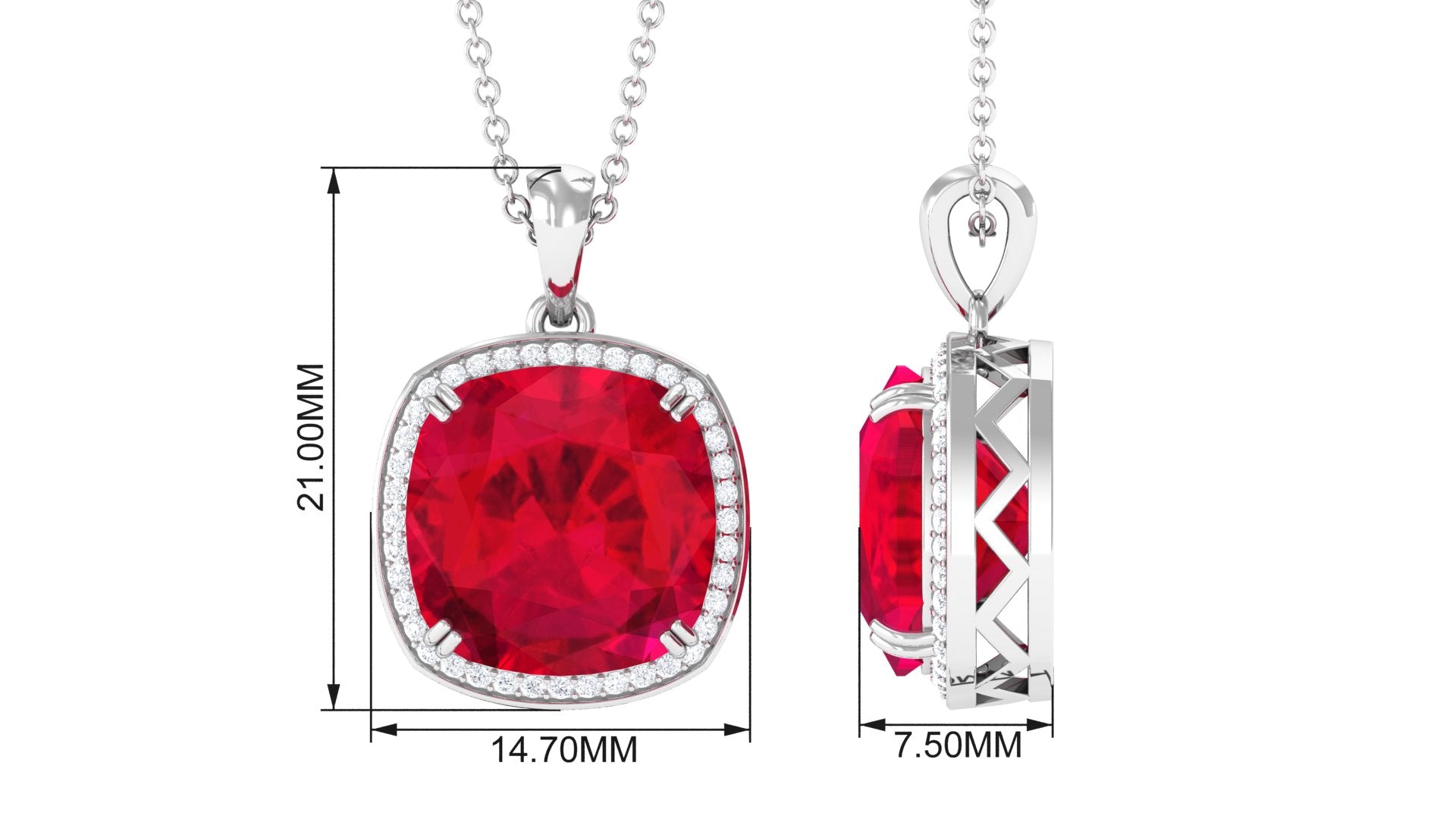 Cushion Cut Created Ruby Halo Pendant Necklace Lab Created Ruby - ( AAAA ) - Quality - Rosec Jewels