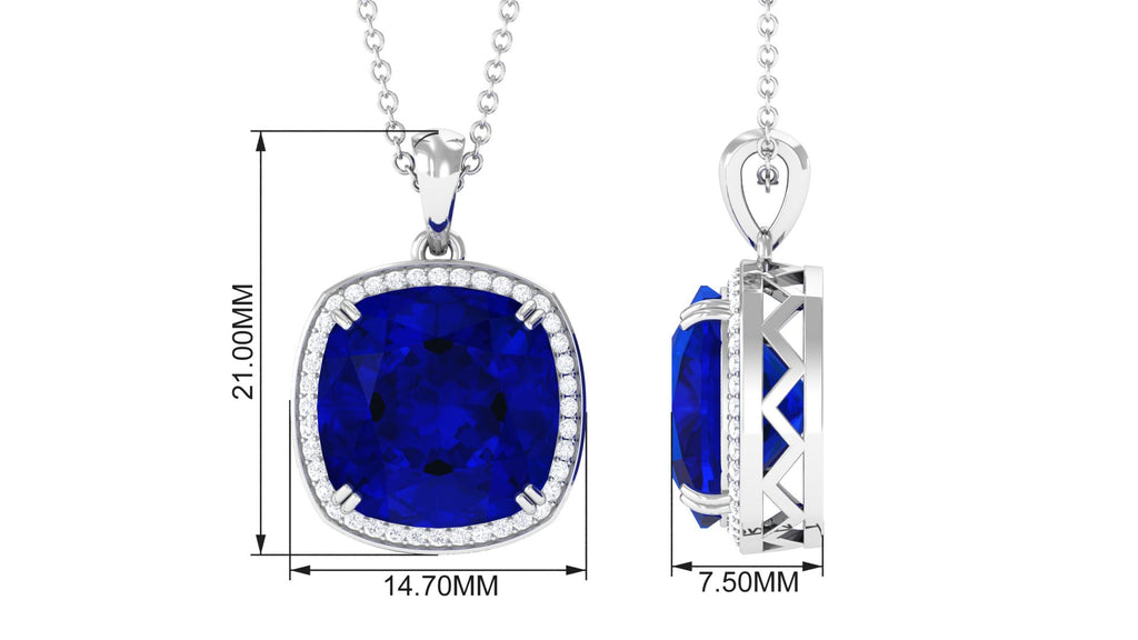 Cushion Cut Created Blue Sapphire and Diamond Halo Pendant Necklace Lab Created Blue Sapphire - ( AAAA ) - Quality - Rosec Jewels