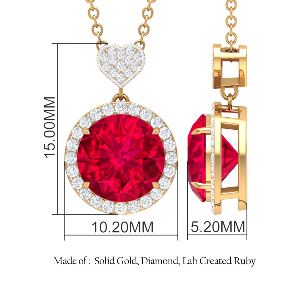 Created Ruby Halo Necklace with Diamond Heart Lab Created Ruby - ( AAAA ) - Quality - Rosec Jewels