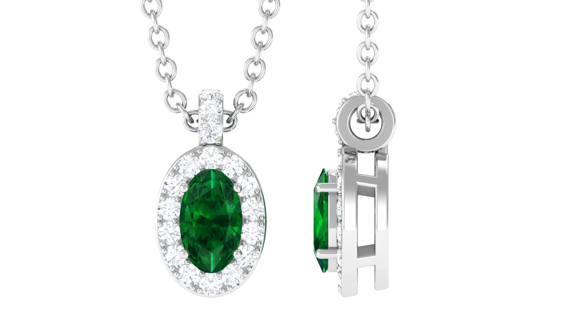 Created Emerald Oval Pendant Necklace with Diamond Lab Created Emerald - ( AAAA ) - Quality - Rosec Jewels