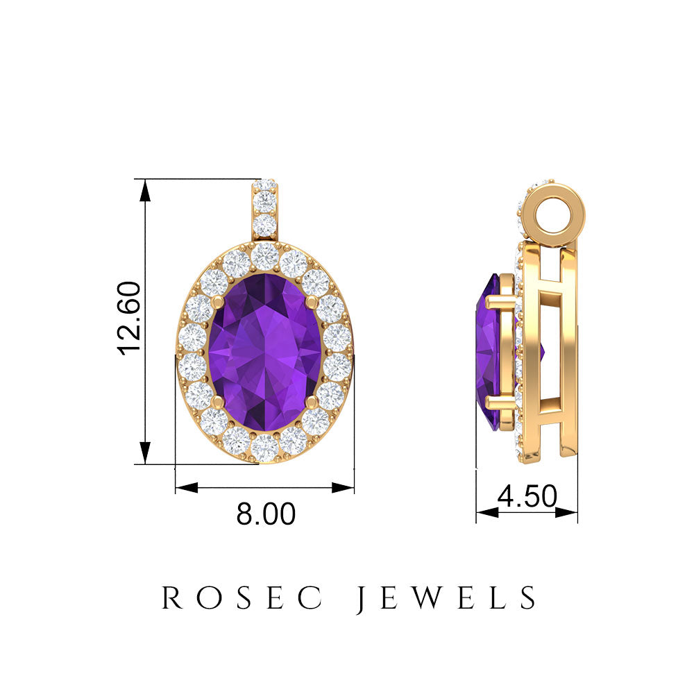 Oval Cut Amethyst and Diamond Halo Pendant Amethyst - ( AAA ) - Quality - Rosec Jewels