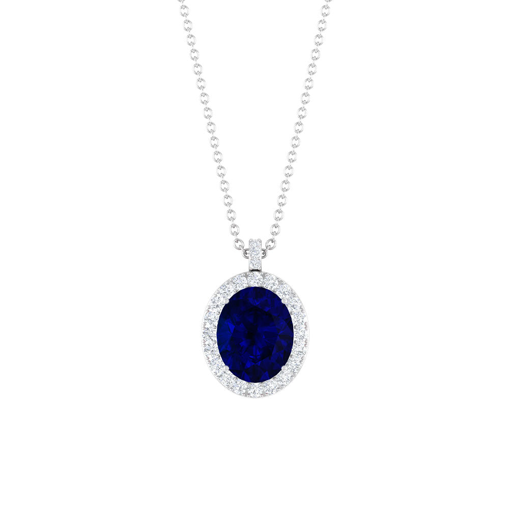 Created Blue Sapphire Oval Halo Pendant with Diamond Lab Created Blue Sapphire - ( AAAA ) - Quality - Rosec Jewels