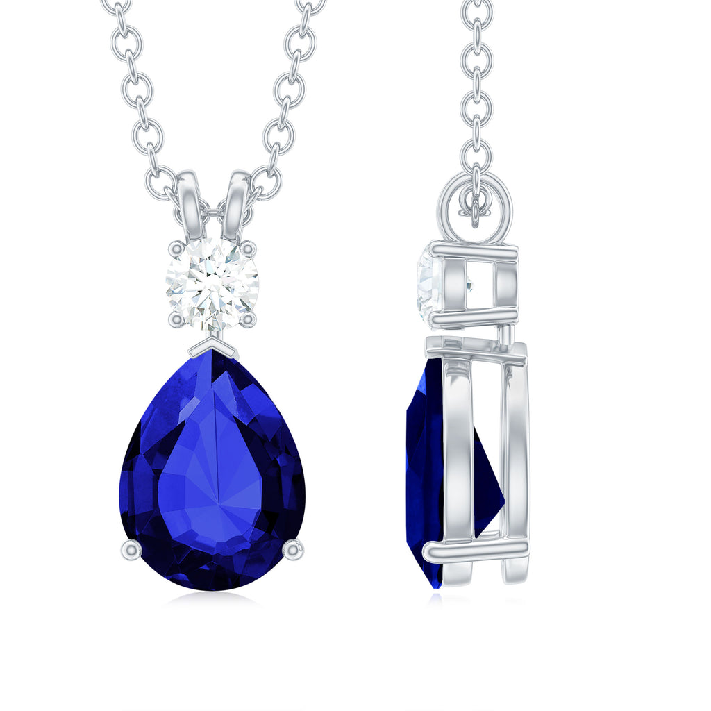 Created Blue Sapphire and Moissanite Modern Teardrop Pendant Lab Created Blue Sapphire - ( AAAA ) - Quality - Rosec Jewels