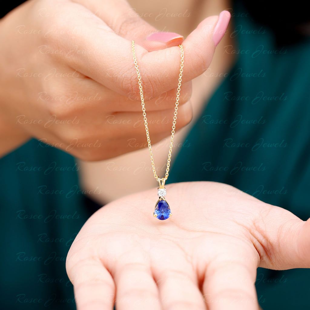 Created Blue Sapphire and Moissanite Modern Teardrop Pendant Lab Created Blue Sapphire - ( AAAA ) - Quality - Rosec Jewels