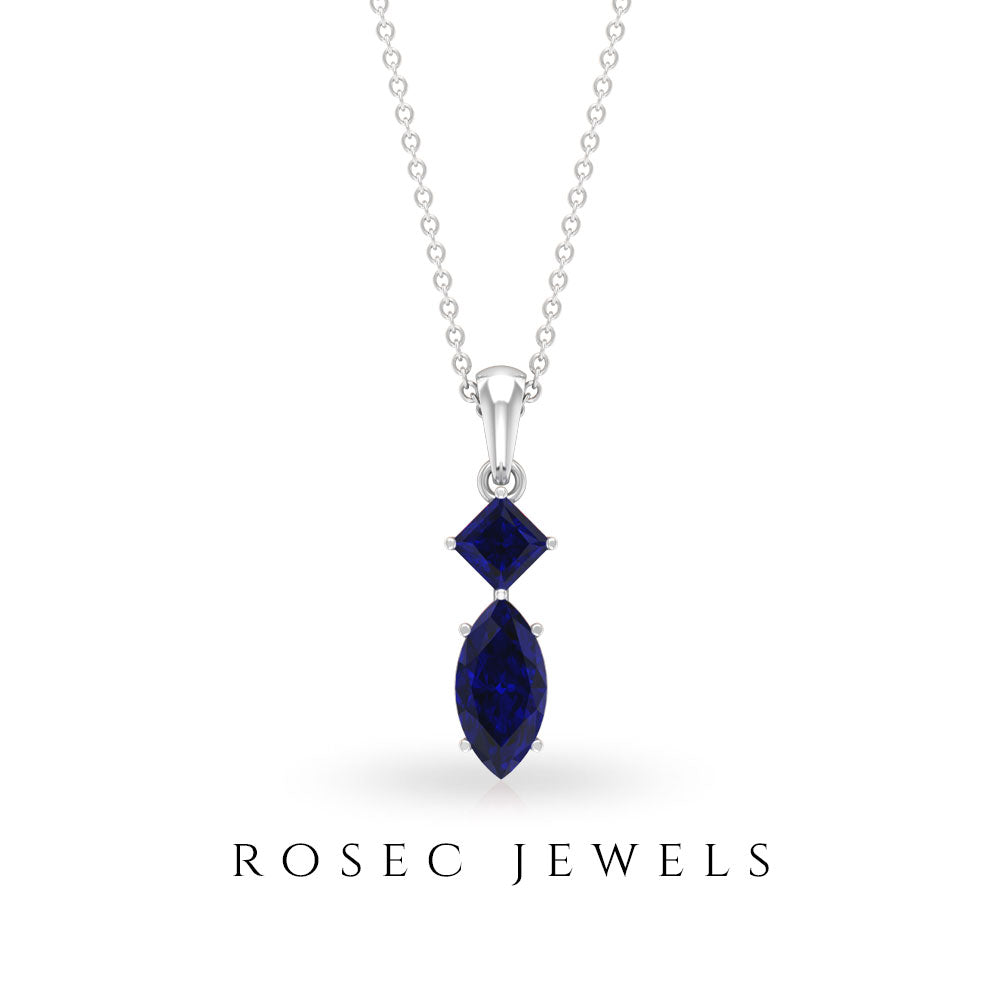 1 CT Two Stone Pendant Necklace with Lab Created Blue Sapphire Lab Created Blue Sapphire - ( AAAA ) - Quality - Rosec Jewels