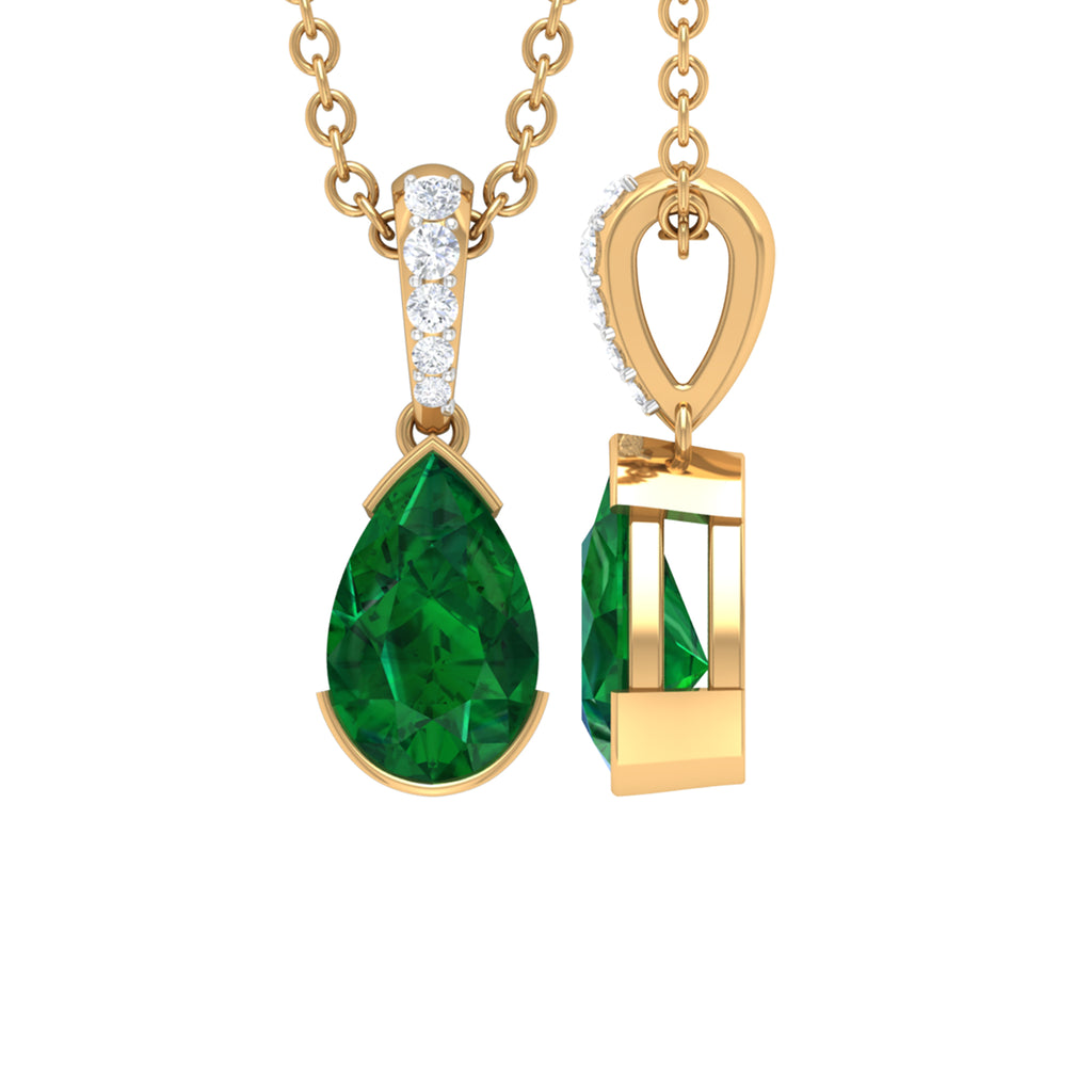 3/4 CT Pear Cut Emerald Solitaire Pendant in Half Bezel Setting with Diamond Accent Bail Emerald - ( AAA ) - Quality - Rosec Jewels