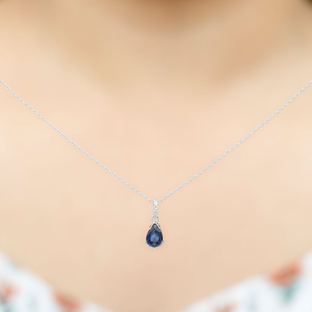 1 CT Pear Cut Blue Sapphire Solitaire Pendant in Half Bezel Setting with Diamond Accent Bail Blue Sapphire - ( AAA ) - Quality - Rosec Jewels