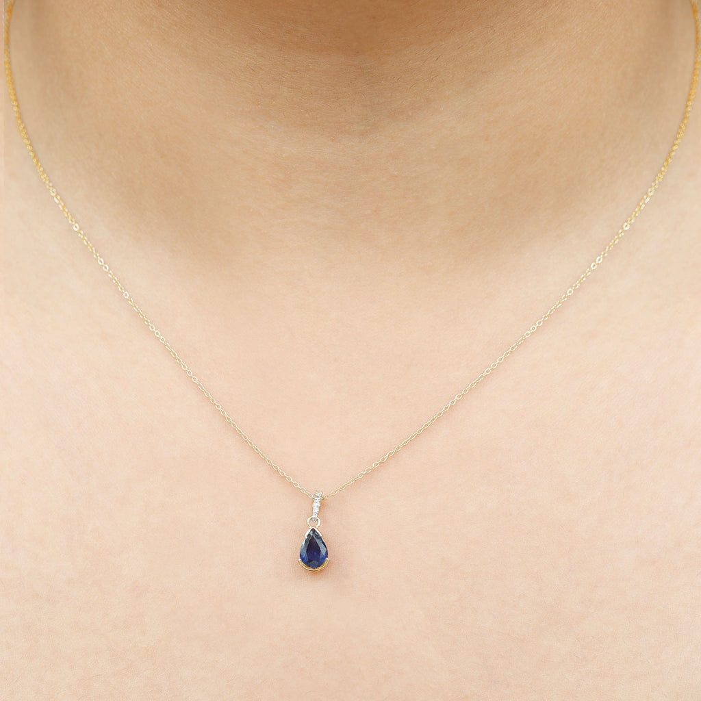 1 CT Pear Cut Blue Sapphire Solitaire Pendant in Half Bezel Setting with Diamond Accent Bail Blue Sapphire - ( AAA ) - Quality - Rosec Jewels