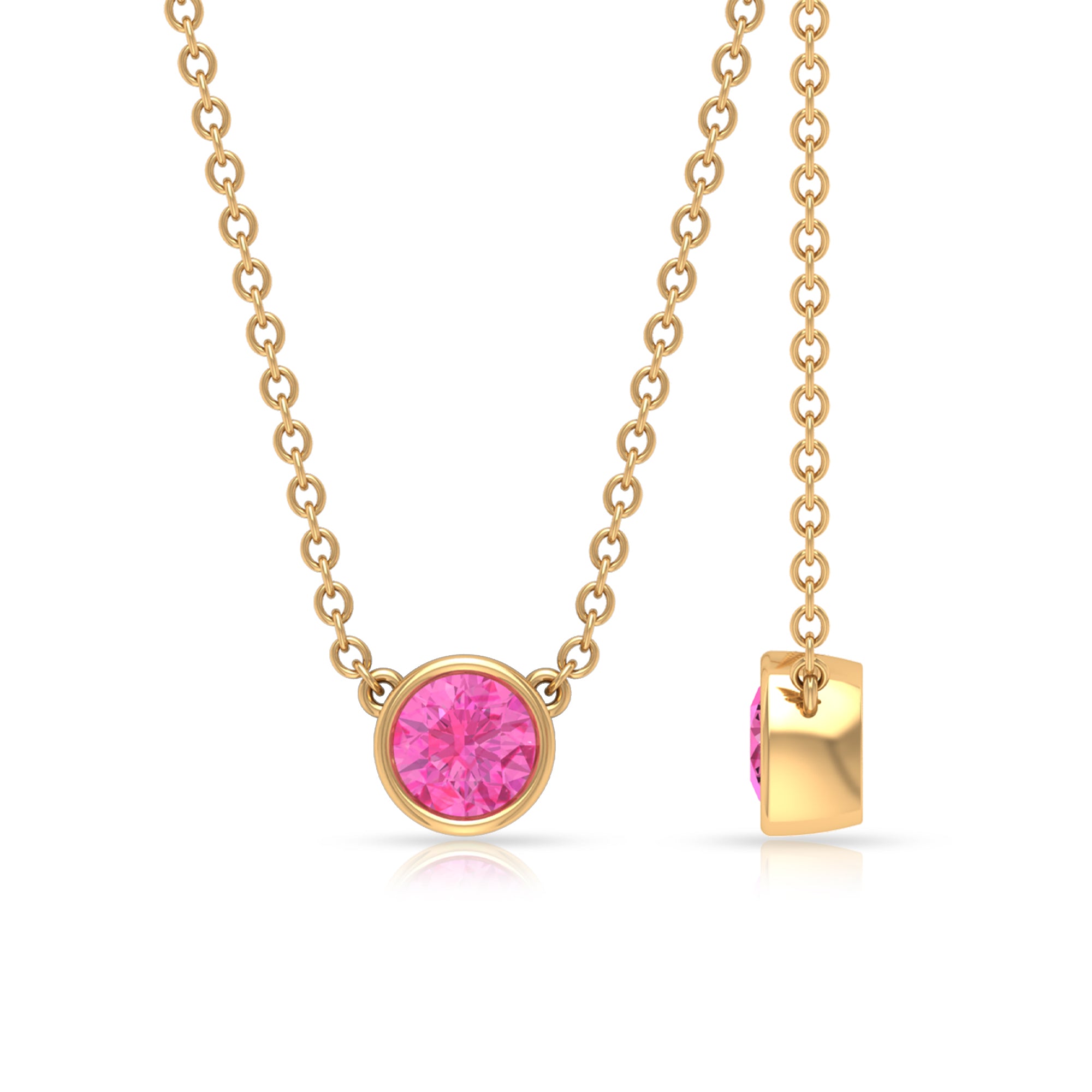 Bezel Set Round Pink Sapphire Solitaire Necklace Pink Sapphire - ( AAA ) - Quality - Rosec Jewels