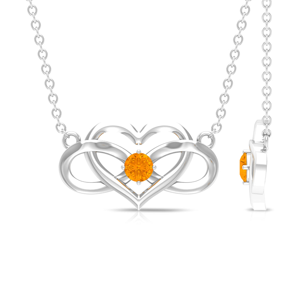 Round Shape Orange Sapphire and Gold Infinity Heart Necklace in Prong Setting Orange Sapphire - ( AAA ) - Quality - Rosec Jewels