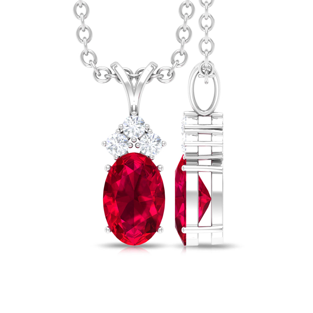 Minimal Oval Created Ruby Pendant with Diamond Stones Lab Created Ruby - ( AAAA ) - Quality - Rosec Jewels