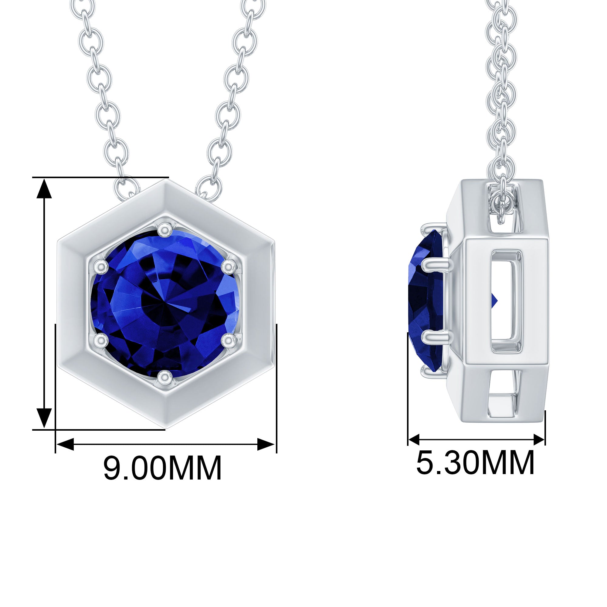 Round Created Blue Sapphire Hexagon Shape Pendant Necklace Lab Created Blue Sapphire - ( AAAA ) - Quality - Rosec Jewels