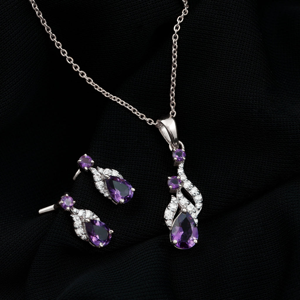 Real Amethyst and Diamond Bridal Dangle Pendant Earrings Set Amethyst - ( AAA ) - Quality - Rosec Jewels