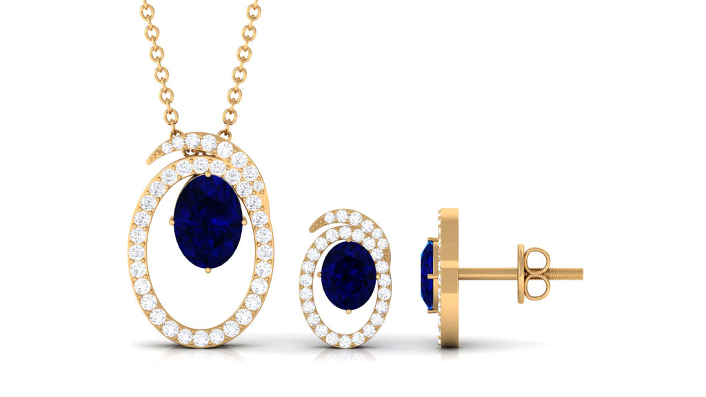 Oval Created Blue Sapphire and Diamond Contemporary Jewelry Set Lab Created Blue Sapphire - ( AAAA ) - Quality - Rosec Jewels