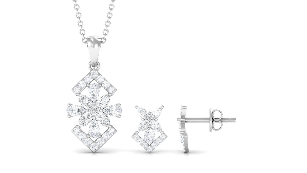 Elegant Diamond Flower Pendant Earrings Set Diamond - ( HI-SI ) - Color and Clarity - Rosec Jewels