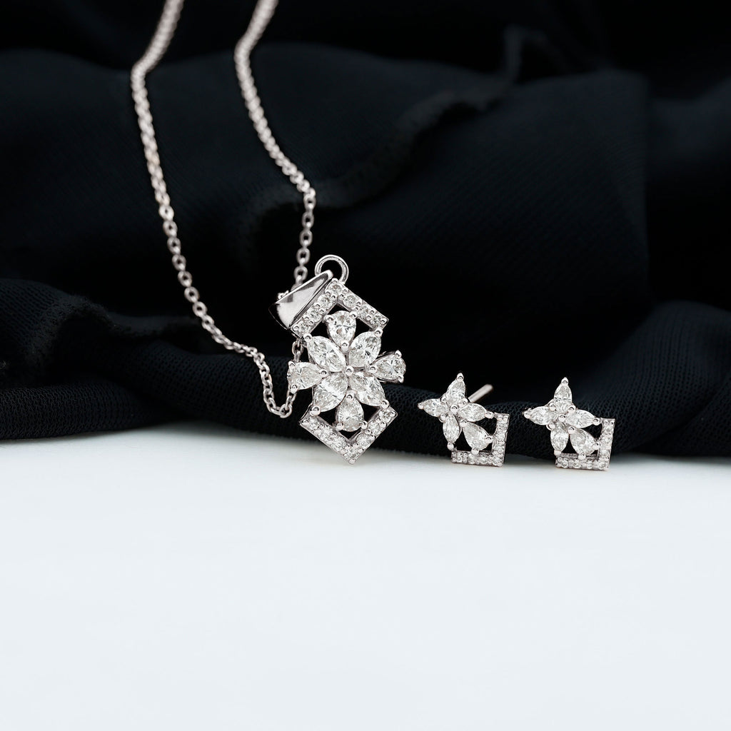 Elegant Diamond Flower Pendant Earrings Set Diamond - ( HI-SI ) - Color and Clarity - Rosec Jewels