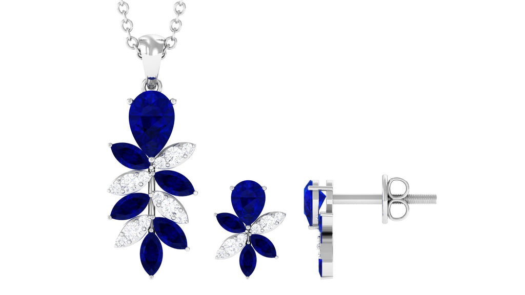Nature Inspired Created Blue Sapphire Dangle Jewelry Set with Diamond Lab Created Blue Sapphire - ( AAAA ) - Quality - Rosec Jewels