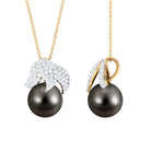 Black Tahitian Pearl and Diamond Leaf Pendant Necklace Tahitian pearl - ( AAA ) - Quality - Rosec Jewels