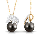 Black Tahitian Pearl and Diamond Leaf Pendant Necklace Tahitian pearl - ( AAA ) - Quality - Rosec Jewels
