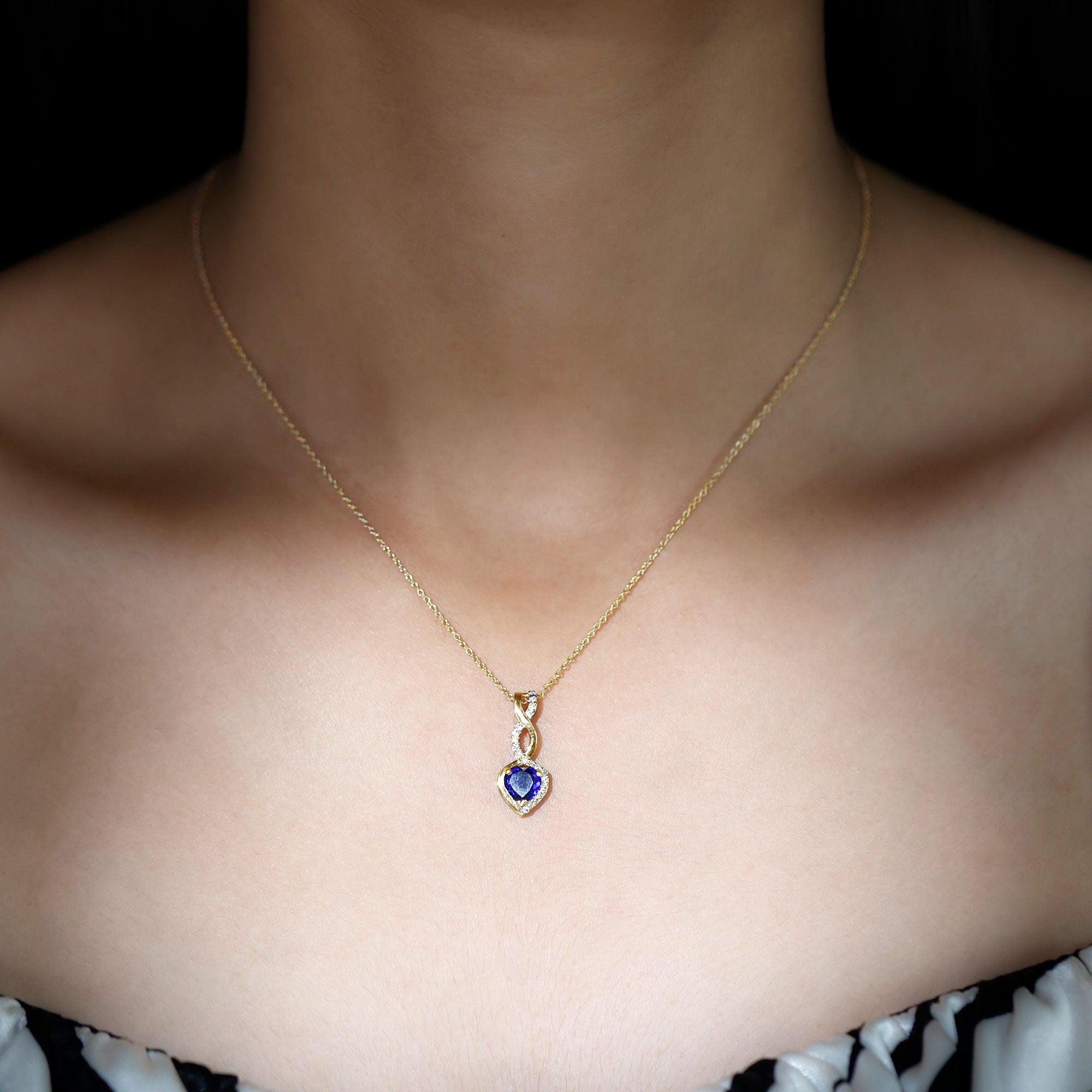 Created Blue Sapphire Infinity Heart Dangle Pendant with Moissanite Lab Created Blue Sapphire - ( AAAA ) - Quality - Rosec Jewels