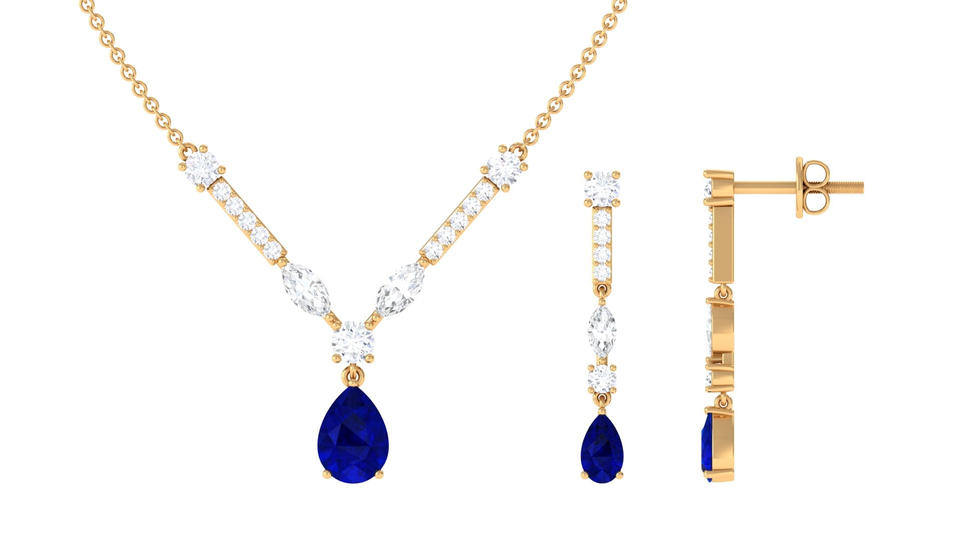 Created Blue Sapphire and Moissanite Drop Necklace Earrings Set Lab Created Blue Sapphire - ( AAAA ) - Quality - Rosec Jewels