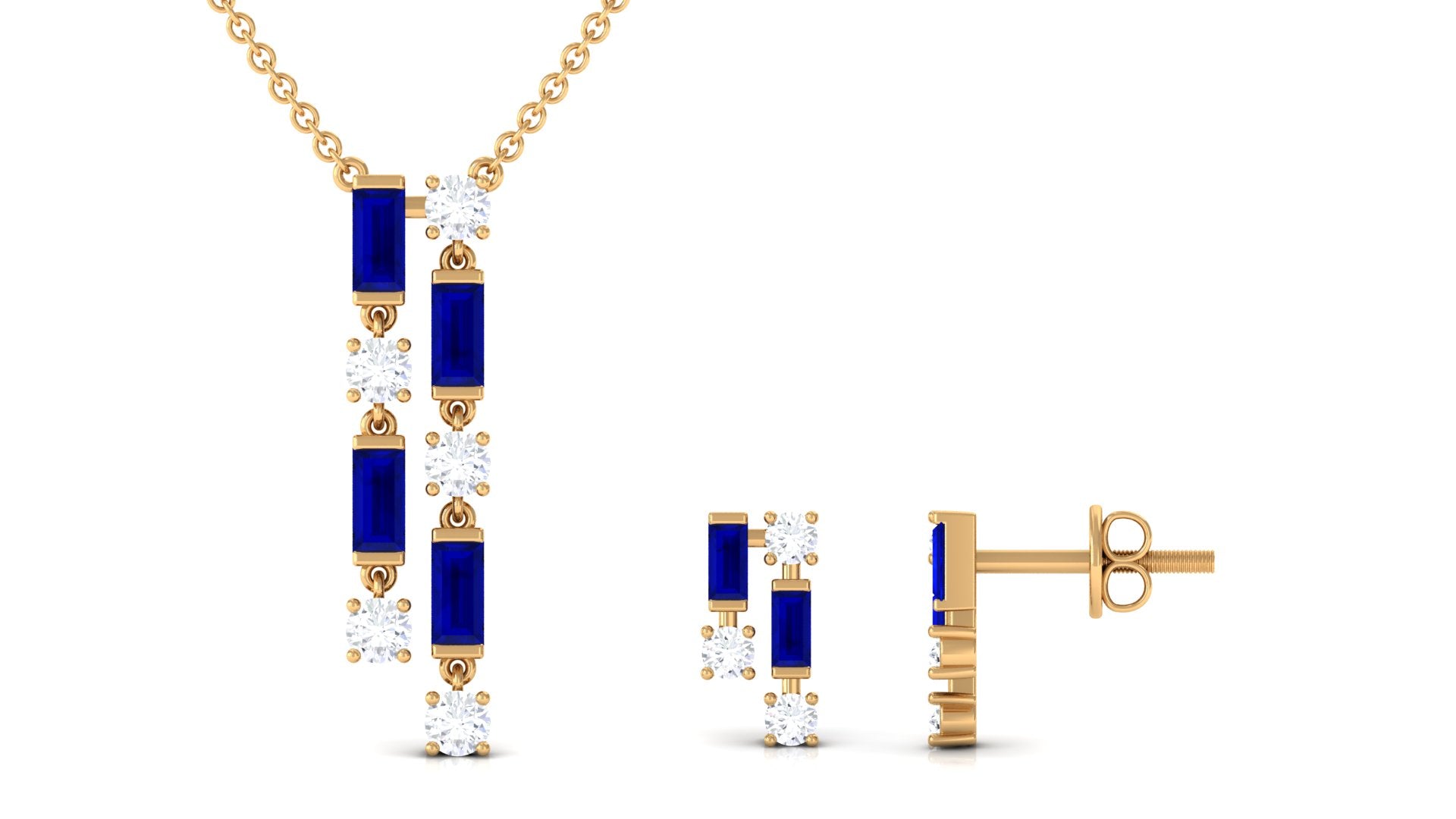 Created Blue Sapphire and Diamond Dangle Jewelry Set Lab Created Blue Sapphire - ( AAAA ) - Quality - Rosec Jewels